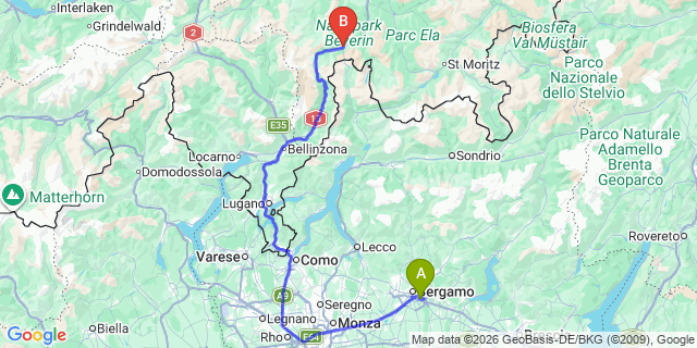 Map: Milan Bergamo Airport (BGY) to Splügen (Switzerland)