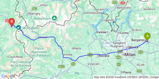 Map: Milan Bergamo Airport (BGY) to St Gervais