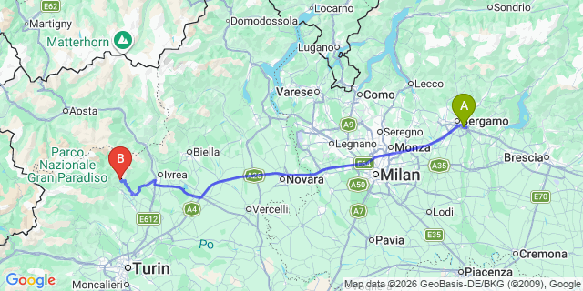 Map: Milan Bergamo Airport (BGY) to St Vincent