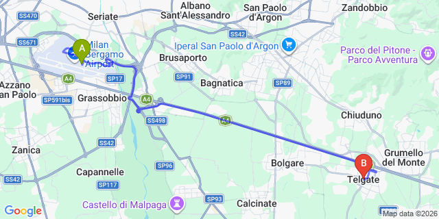 Map: Milan Bergamo Airport (BGY) to Telgate