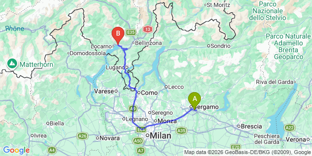 Map: Milan Bergamo Airport (BGY) to Tenero