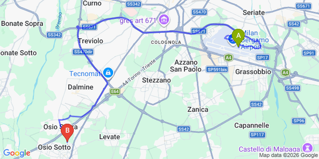 Map: Milan Bergamo Airport (BGY) to Treviglio