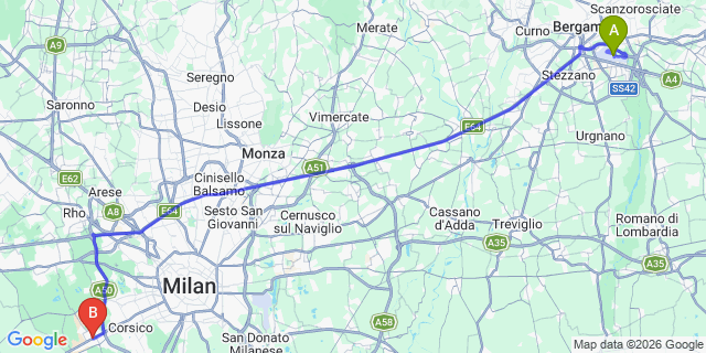 Map: Milan Bergamo Airport (BGY) to Trezzano sul Naviglio