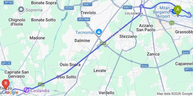 Map: Milan Bergamo Airport (BGY) to Trezzo SullAdda