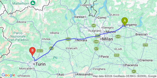 Map: Milan Bergamo Airport (BGY) to Turin airport