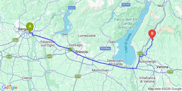 Map: Milan Bergamo Airport (BGY) to Verona Villafranca airport