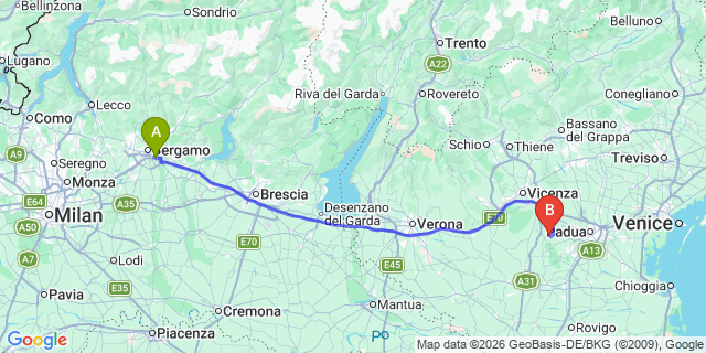 Map: Milan Bergamo Airport (BGY) to Vigo di Fassa