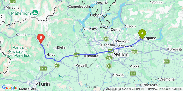 Map: Milan Bergamo Airport (BGY) to Zermatt (Tasch)
