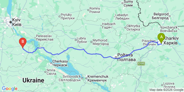 Map: Kharkiv Airport (HRK) to Boryspil