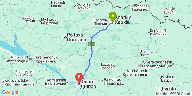 Map: Kharkiv Airport (HRK) to Dnipropetrovsk