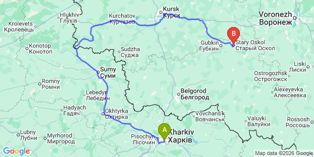 Map: Kharkiv Airport (HRK) to Stary Oskol