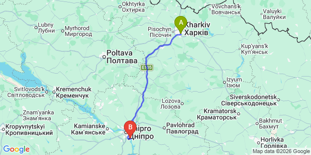 Map: Kharkiv Airport (HRK) to Zaporizhia