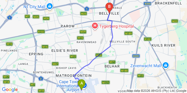 Map: Cape Town Airport (CPT) to Bellville