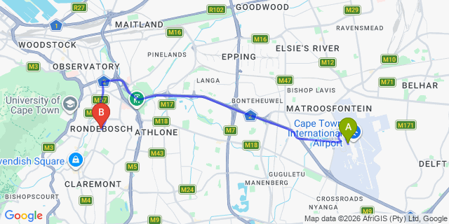 Map: Cape Town Airport (CPT) to Rondebosch