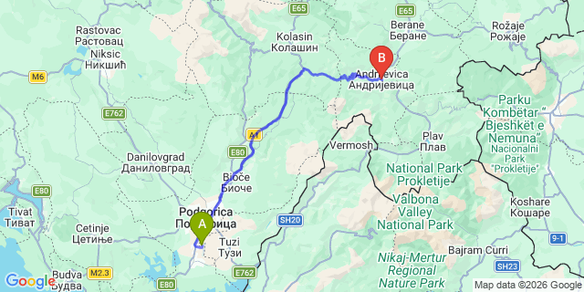Map: Podgorica Airport (TGD) to Andrijevica