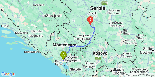 Map: Podgorica Airport (TGD) to Belgrade city (all areas)