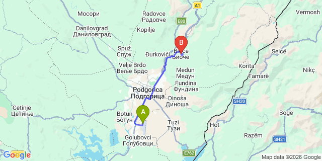 Map: Podgorica Airport (TGD) to Bioce