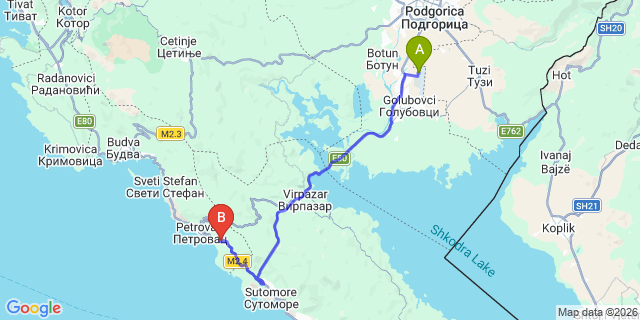 Map: Podgorica Airport (TGD) to Buljarica