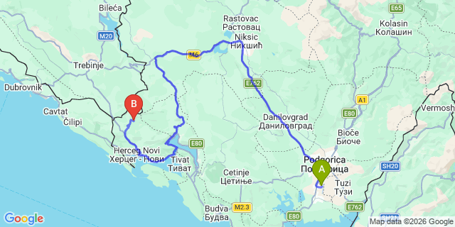 Map: Podgorica Airport (TGD) to Herceg Novi