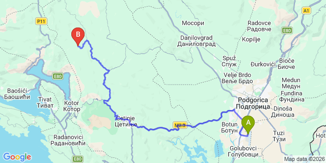 Map: Podgorica Airport (TGD) to Kotor
