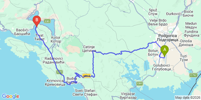 Map: Podgorica Airport (TGD) to Lepetani