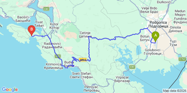 Map: Podgorica Airport (TGD) to Lustica Bay