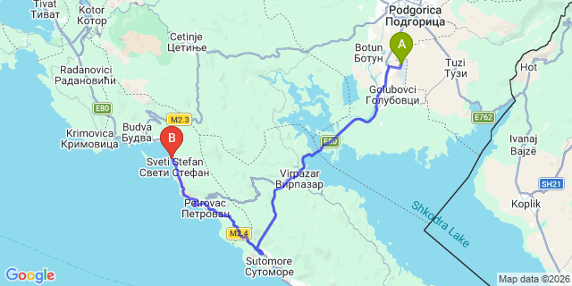 Map: Podgorica Airport (TGD) to Milocer