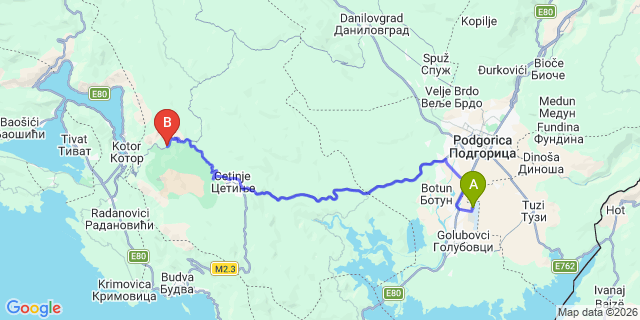 Map: Podgorica Airport (TGD) to Njegusi