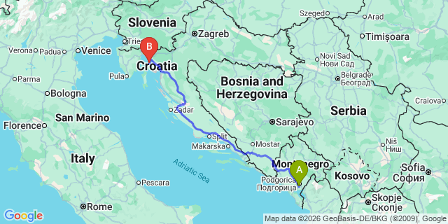 Map: Podgorica Airport (TGD) to Njivice