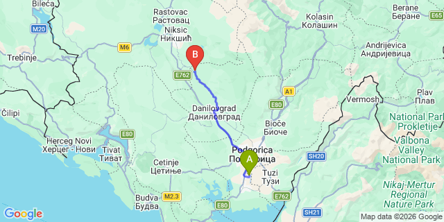 Map: Podgorica Airport (TGD) to Ostrog