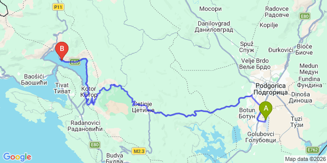 Map: Podgorica Airport (TGD) to Perast