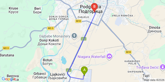 Map: Podgorica Airport (TGD) to cancelPodgorica city (all areas)