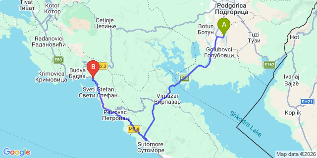 Map: Podgorica Airport (TGD) to Rafailovici