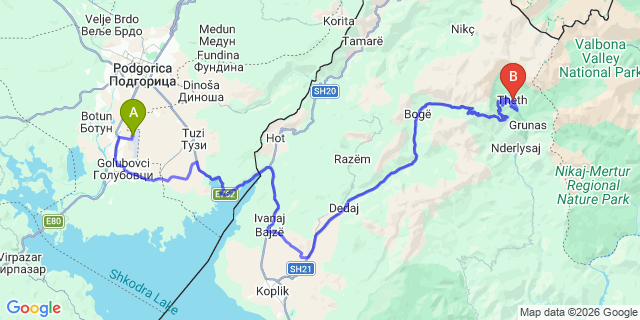 Map: Podgorica Airport (TGD) to Theth