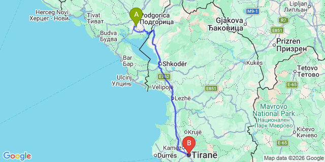 Map: Podgorica Airport (TGD) to Tirana city (all areas)