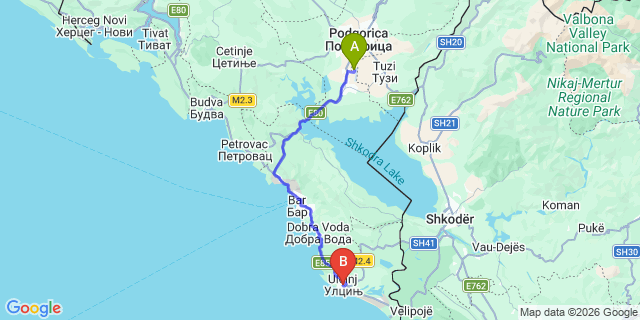 Map: Podgorica Airport (TGD) to Ulcinj