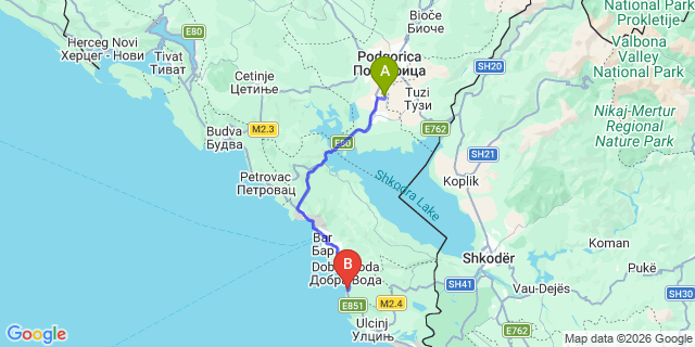 Map: Podgorica Airport (TGD) to Utjeha-Busat
