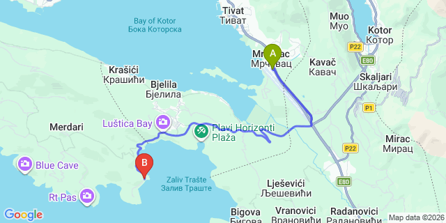 Map: Tivat Airport (TIV) to Kamenari