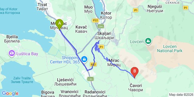 Map: Tivat Airport (TIV) to Lastva Grbaljska