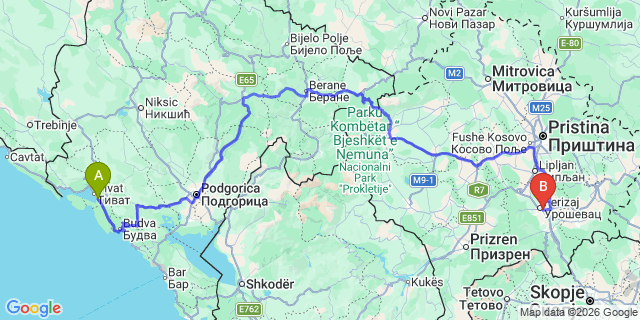 Map: Tivat Airport (TIV) to Pristina