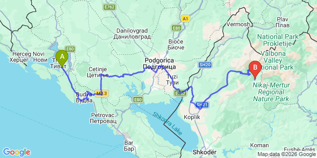 Map: Tivat Airport (TIV) to Tirana city (all areas)