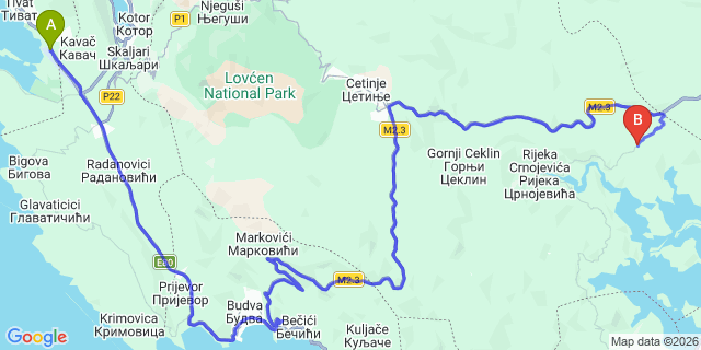 Map: Tivat Airport (TIV) to Virpazar