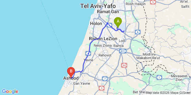 Map: Tel Aviv Ben Gurion Airport (TLV) to Ashdod