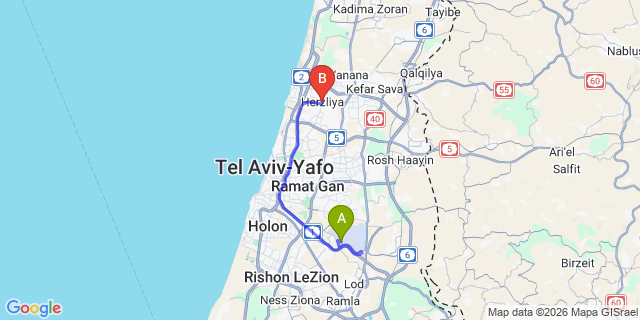 Map: Tel Aviv Ben Gurion Airport (TLV) to Herzliya