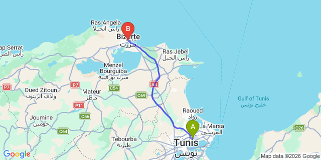 Map: Tunis-Carthage Airport (TUN) to Bizerte