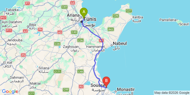 Map: Tunis-Carthage Airport (TUN) to Sousse