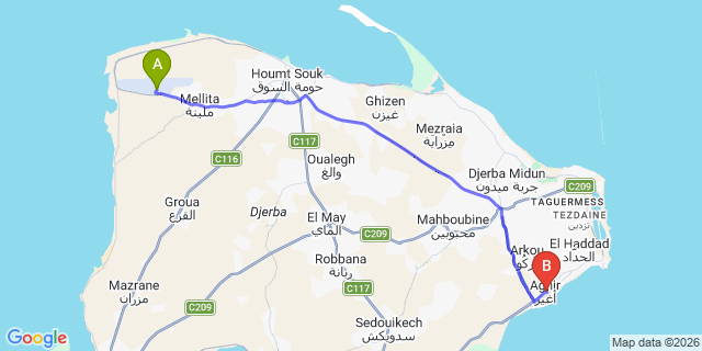 Map: Djerba Zarzis Airport (DJE) to Aghir