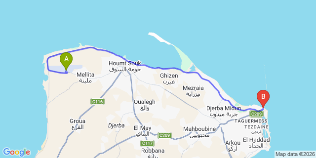 Map: Djerba Zarzis Airport (DJE) to Club Calimera Yati Beach
