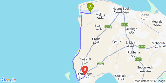 Map: Djerba Zarzis Airport (DJE) to Djerba Ajim