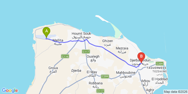 Map: Djerba Zarzis Airport (DJE) to Djerba Midoun